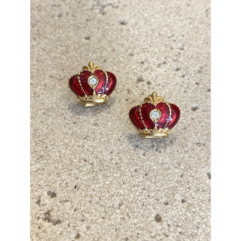 Vintage‎ Avon Red Enamel Crown Earrings Gold Tone Rhinestone Royal Regal Studs